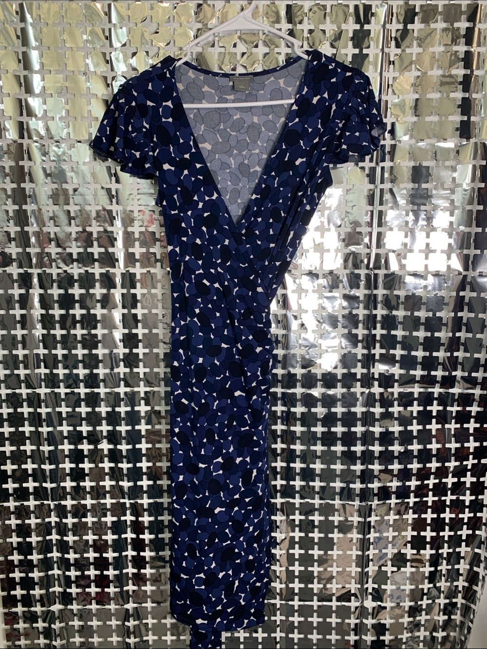 Ann Taylor Navy and White Floral-Pattern Wrap Dress